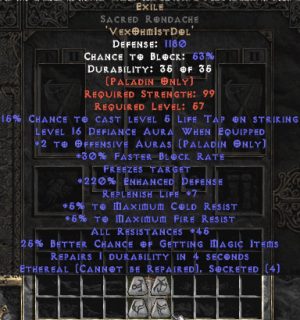 Exile Sacred Rondache - Eth Bugged - 35-44 Res - 220-260% ED