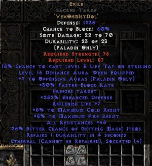 Exile Sacred Targe - Eth Bugged - 35-44 Res - 220-260% ED