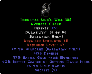 Immortal King's Will - 40% MF & 175 Defense - Perfect
